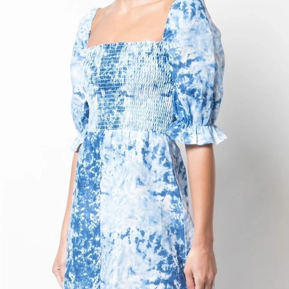 Reformation size Medium 100% Linen Blue Dyed Mini Dress Smocked Western Beachy - Picture 2 of 10